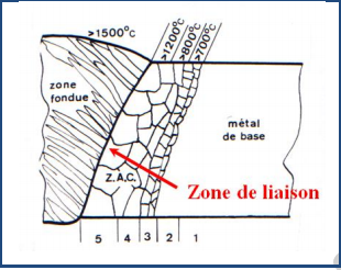 Coupe d’un joint soudé montrant zone fondue, ligne de fusion, ZAT et métal de base