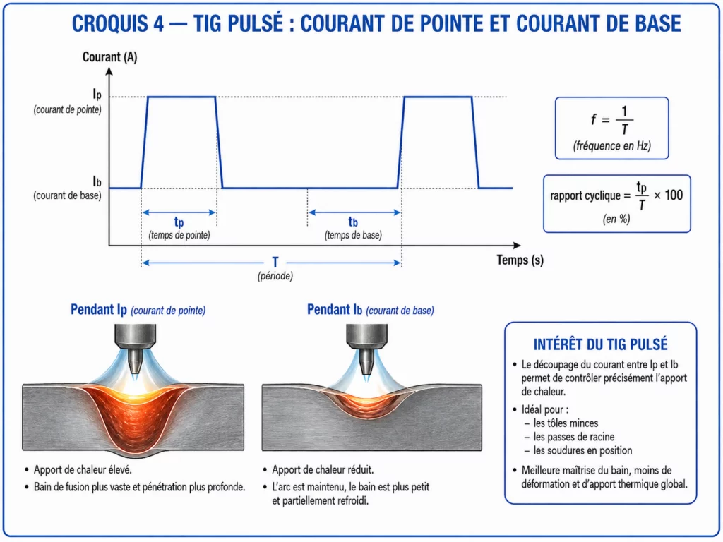 Croquis 2 : cycle TIG pulsé avec courant de pointe Ip, courant de base Ib, temps de pointe et temps de base