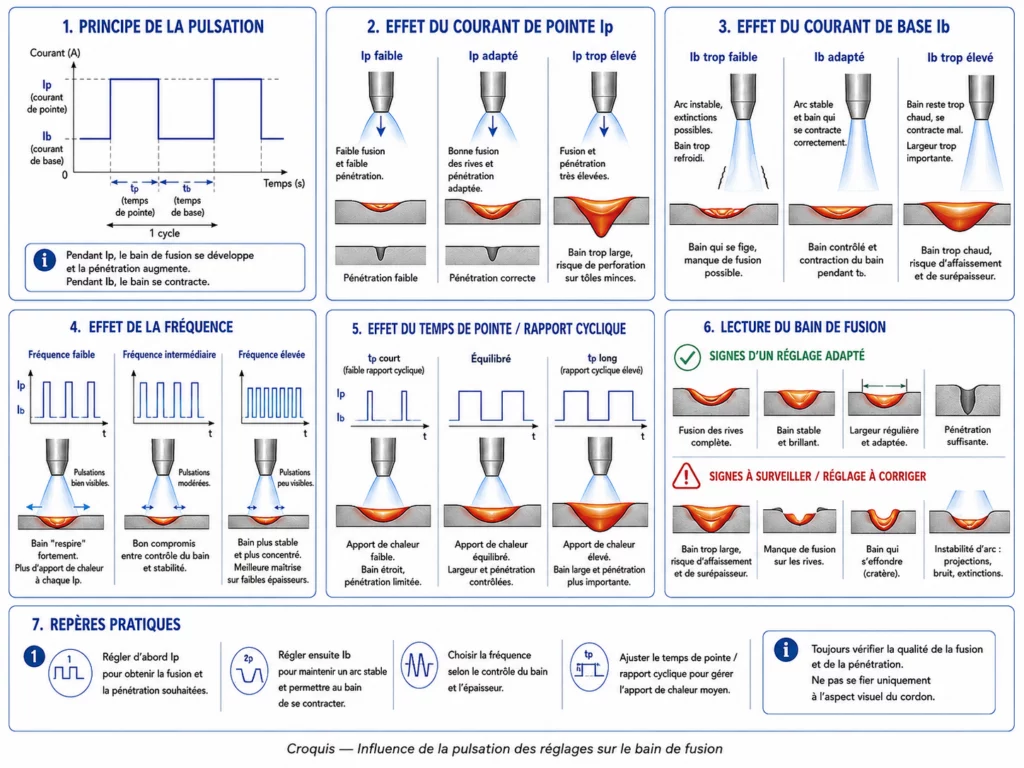 Croquis 3 : influence de la fréquence de pulsation sur le comportement de l’arc et du bain en TIG pulsé