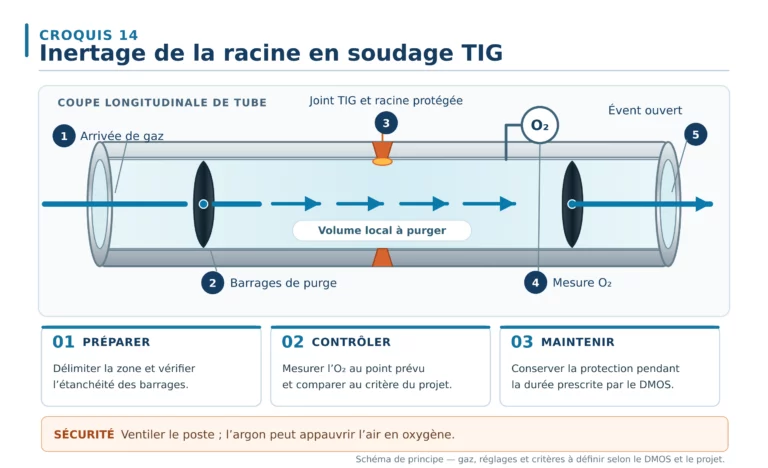 Croquis 14 : coupe de tube avec deux barrages, entrée du gaz de purge, soudure TIG, point de mesure d’oxygène et évent ouvert.