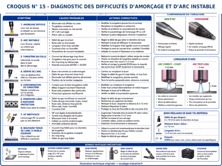 Croquis 15 : diagnostic des difficultés d’amorçage TIG, de l’arc instable et du tungstène contaminé.