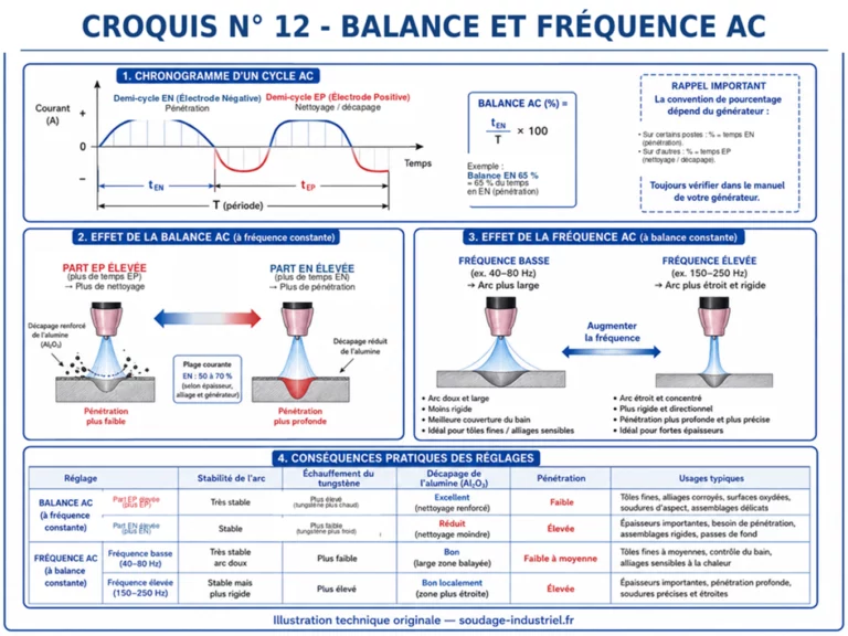 Croquis 12 : effet de la balance et de la fréquence AC sur le décapage et la pénétration en TIG aluminium