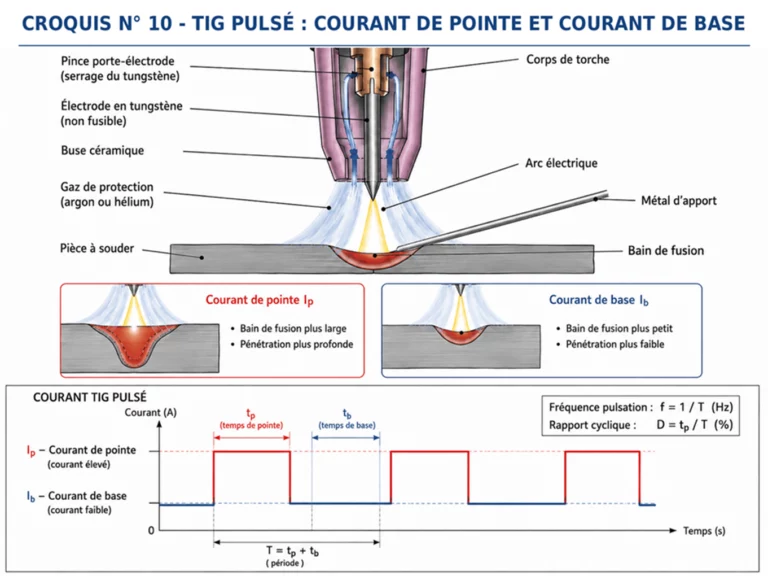 Croquis 10 : TIG pulsé avec courant de pointe, courant de base, temps de pointe et rapport cyclique