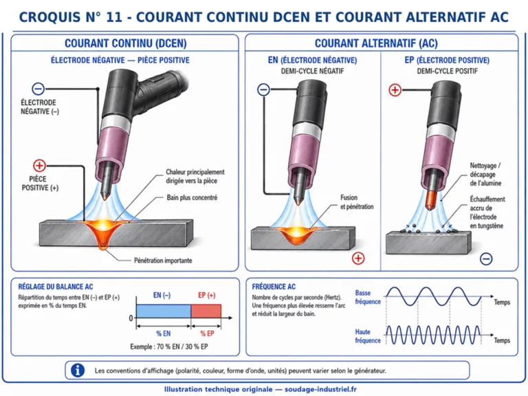 Croquis 11 : comparaison du courant continu DCEN et des phases électrode négative et positive en courant alternatif TIG