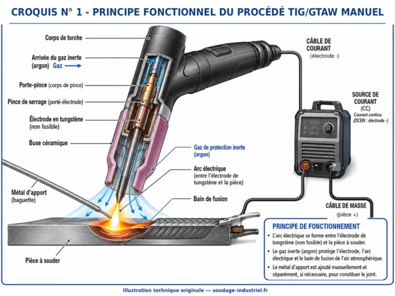 Schéma du soudage TIG manuel : torche à électrode tungstène, argon, métal d’apport et bain de fusion.