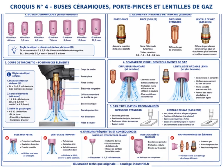 Croquis 4 : buses céramiques, porte-pinces et lentilles de gaz pour torche TIG