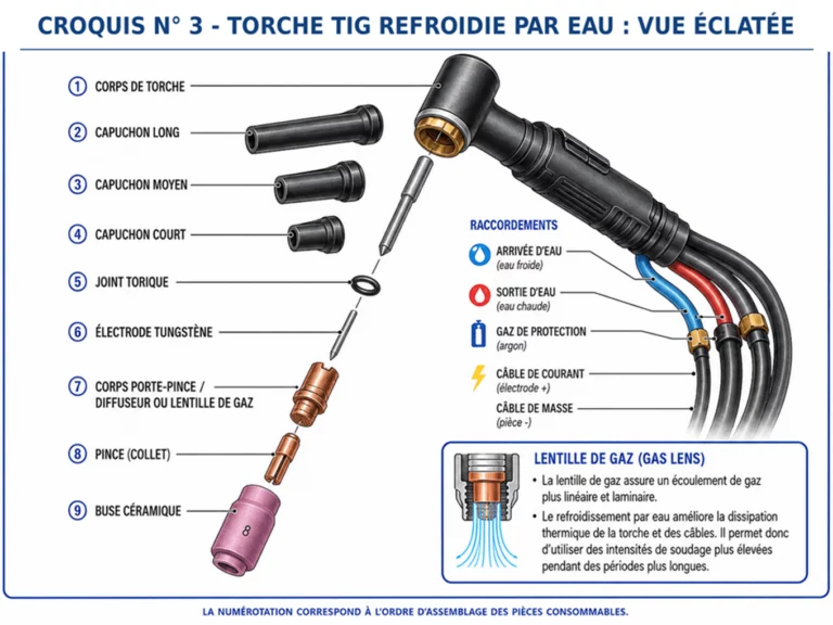 Croquis 3 : torche TIG refroidie par eau en vue éclatée