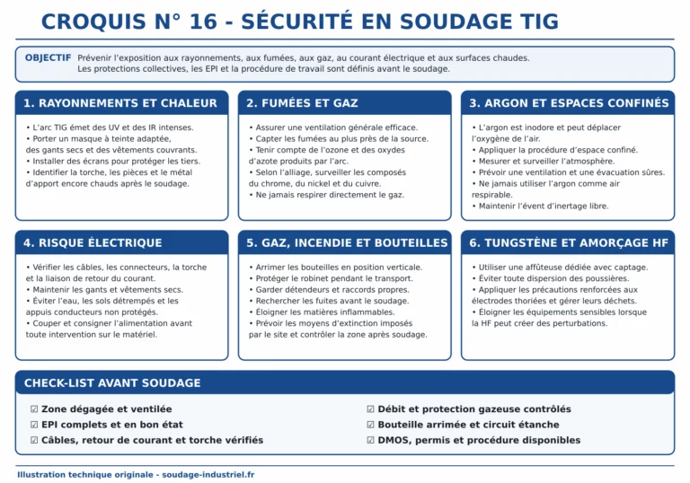 Croquis 16 : précautions relatives au rayonnement, aux fumées, à l’argon en espace confiné, à l’électricité et aux électrodes.