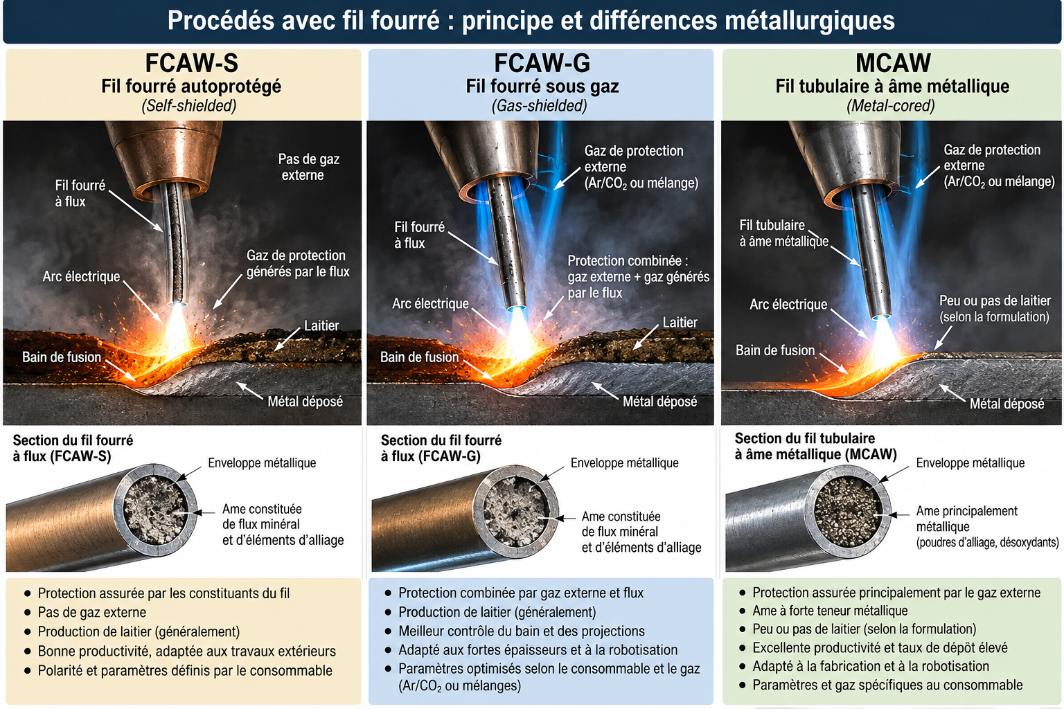 Schéma comparatif des procédés FCAW-S autoprotégé, FCAW-G sous gaz et MCAW à âme métallique