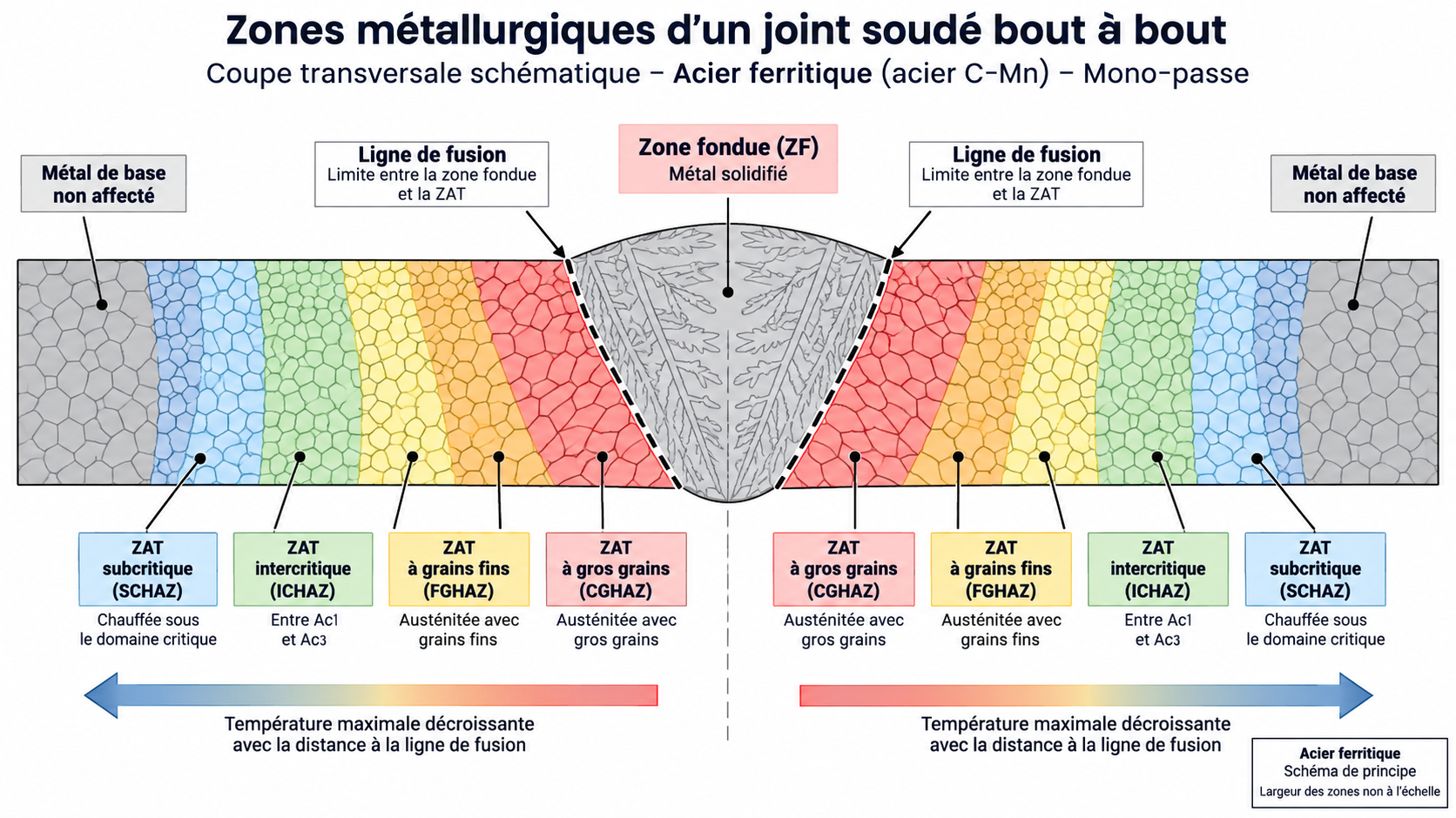 Coupe transversale d’un joint soudé bout à bout en acier C-Mn : zone fondue, ligne de fusion, ZAT à gros grains, grains fins, intercritique, subcritique et métal de base
